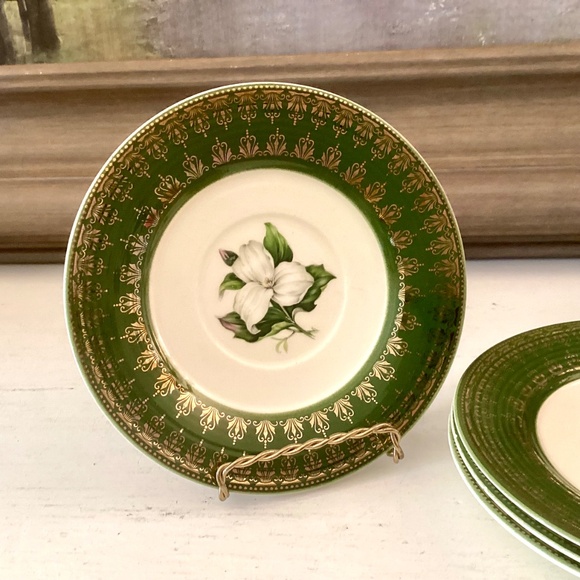 4 saucers American Limoges L'Triomphe Trillium Forest Green Dinnerware 22K Gold - Picture 3 of 9